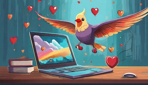 Zdjęcie randki i technologia koncepcja laptop na stole i latający ptak ilustracja