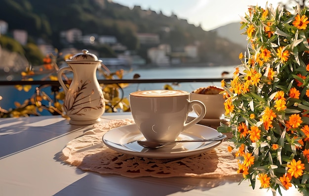 Ranną filiżankę kawy nad morzem w Portofino, romantycznym kurorcie na wakacjach letnich.
