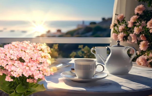 Ranną filiżankę kawy nad morzem w Portofino, romantycznym kurorcie na wakacjach letnich.