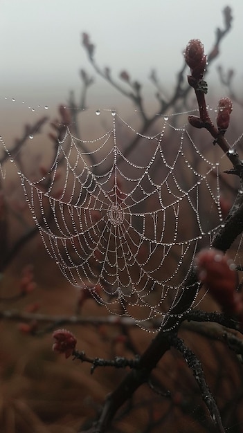 Zdjęcie rano pokryta rosą pajęcza sieć między gałęziami w wielki piątek