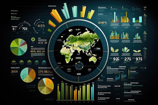 Raport analityki dużych danych Infografika z wykresem i diagramami na abstrakcyjnym tle Dystrybucja danych według kategorii biznesowych Stworzona za pomocą generatywnej sztucznej inteligencji