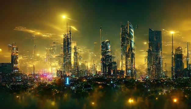 Raster ilustracja nocnego widoku przyszłej metropolii z żółtymi światłami Przyszła architektura wieżowiec komunikacyjny wieże cyberprzestrzeni neon blask Koncepcja technologii ilustracja renderowania 3D