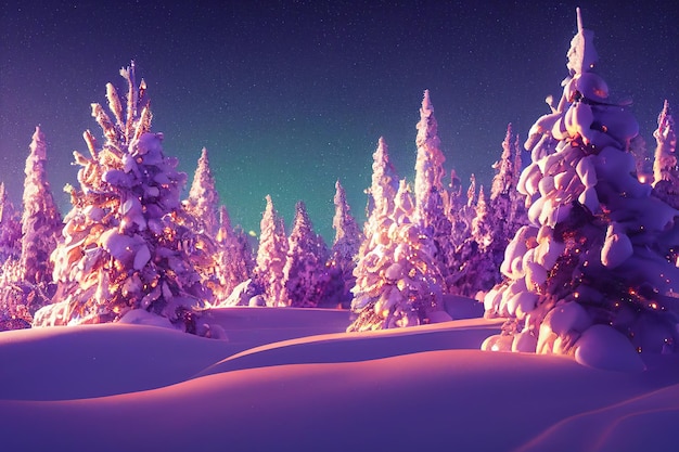 Raster ilustracja ośnieżonej sosny des choinki góry śniegu zima Boże Narodzenie wakacje gwiaździste niebo nowy rok różowy śnieg ze względu na zachód słońca Futuryzm koncepcja grafika 3d