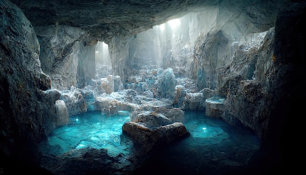 Raster ilustracja podziemnych jezior w marmurowej jaskini Krystalicznie czysta woda wiosna skały góry podziemne źródło wody loch podziemne naturalne piękno renderowania 3D tło