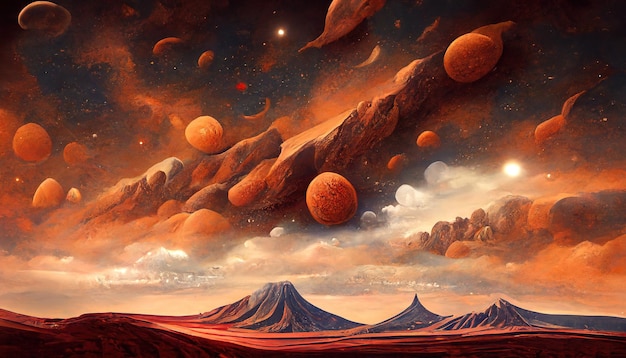 Raster ilustracja pustynna planeta z obcymi obiektami na niebie Astronomia astronauta satelity planety równoległe światy science fiction martwe nieużytki renderowania 3D tło