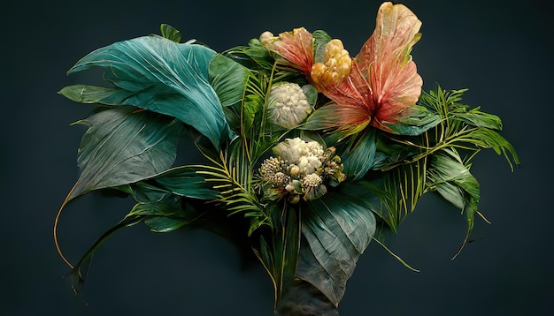 Zdjęcie raster ilustracja romantyczny bukiet tropikalnych liści i egzotycznych kwiatów tropikalny kwiatki w stylu przypominającym akwarele realistyczne dzikie kwiaty na tle tekstury wzór opakowania grafiki 3d