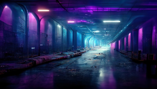 Raster ilustracja starego opuszczonego podziemnego bunkra z neonowym oświetleniem Przejście podziemne eksperymenty laboratoryjne po apokalipsie zaniedbany magazyn zapasów Grafika 3D rastrowe tło dla biznesu