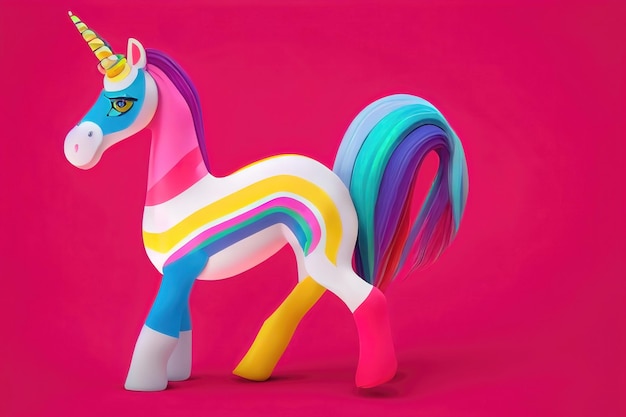 Raster ilustracja wielokolorowego jednorożca na jasnym różowym tle Fikcyjna istota zwierzę koń tęcza opalizujący róg fantastyczna fikcja Magiczna koncepcja 3D grafika rastrowe tło