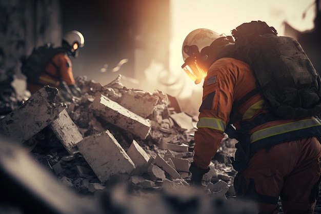 Ratownicy w mundurach i hełmach rozbierają gruzy domów po trzęsieniu ziemi zrujnowane miasto i wielopiętrowe budynki katastrofa skutki silnego trzęsienia ziemi Generacyjna AI