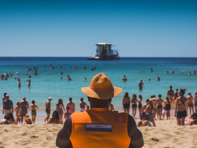 Ratownik pilnuje pływaków na zatłoczonej plaży