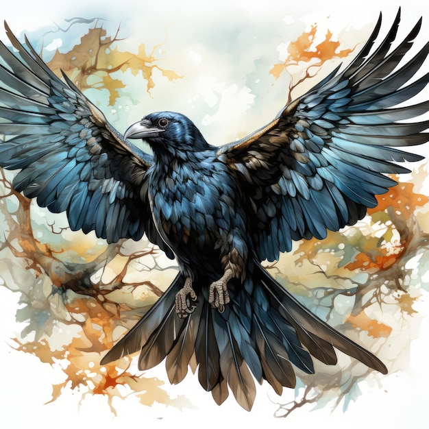 Raven Bird Halloween ilustracja dzieło sztuki przerażające horror odizolowany tatuaż przerażający fantasy kreskówka