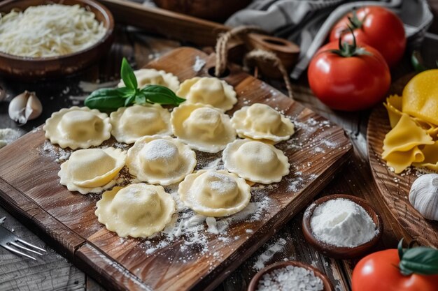 Ravioli na drewnianej desce z składnikami