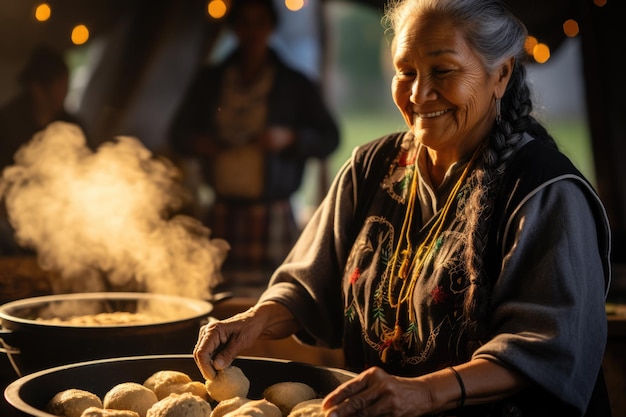 Rdzenna Amerykanka gotująca tradycyjny chleb kukurydziany z okazji Miesiąca Dziedzictwa
