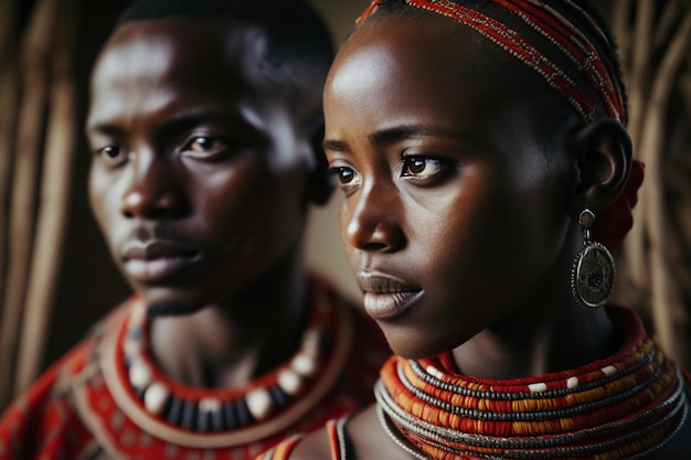 Rdzenna para Masajów w tradycyjnych strojach z Kenii i Tanzanii Generatywna ilustracja sztucznej inteligencji