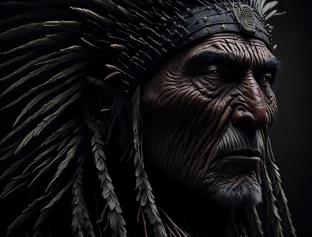Rdzenny Amerykanin, indyjski szef z dużym piórkowym nakryciem głowy.