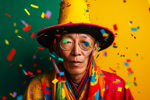 Rdzenny peruwiański mężczyzna w tradycyjnym stroju na kolorowym tle konfetti Generatywna ilustracja AI