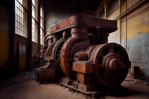 Rdzewiejące maszyny przemysłowe pozostawione w opuszczonej fabryce
