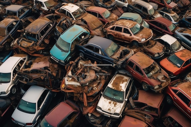 Rdzewiejące stare śmieciowe samochody z zanieczyszczeniem środowiska na złomowisku do recyklingu Opuszczone odpady samochodowe