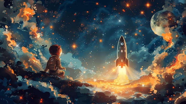 Realistyczna, fantastyczna scena w stylu kreskówki z astronautą i rakietą w kosmosie, piękne tło, tapeta i projekt karty, który pięknie przedstawia historię