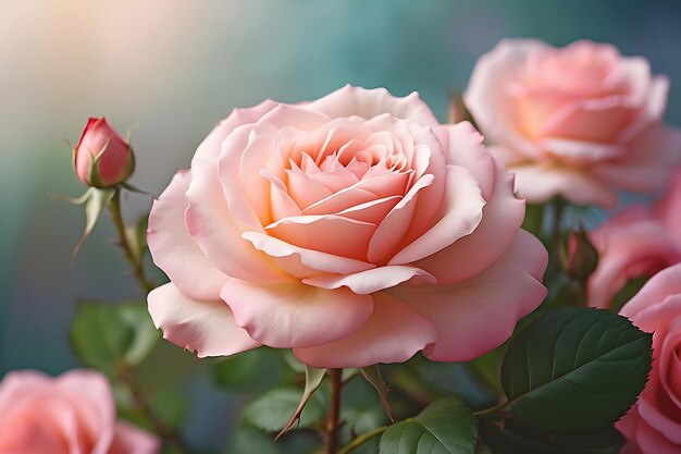 Realistyczna fotografia kwiatu róży naśladująca styl ilustracji