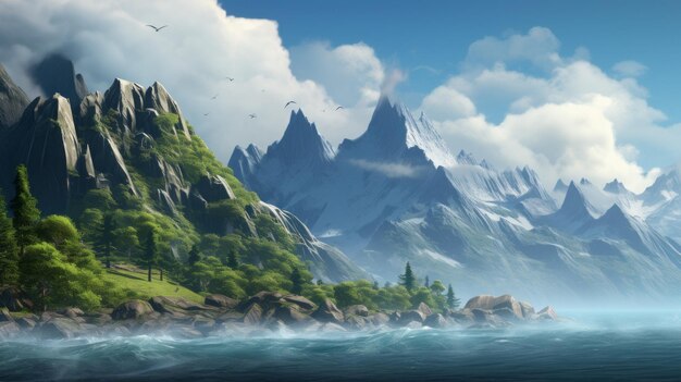 Realistyczna i bardzo szczegółowa ilustracja góry i wody