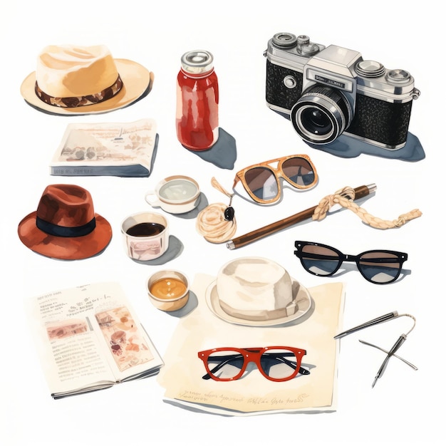 Realistyczna ilustracja akwarelowa codziennego życia z aparatem fotograficznym i okularami przeciwsłonecznymi