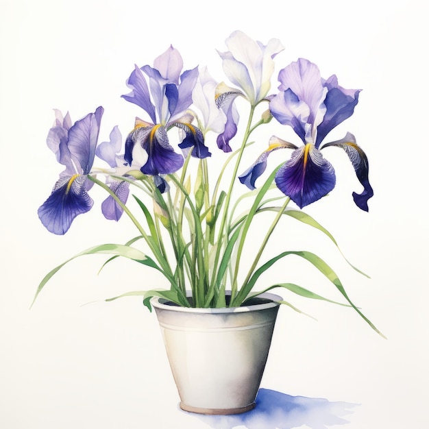 Realistyczna ilustracja fioletowych i białych kwiatów irysów w garnku