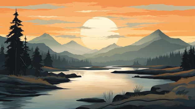 Zdjęcie realistyczna ilustracja krajobrazu: zachód słońca nad górami i rzeką