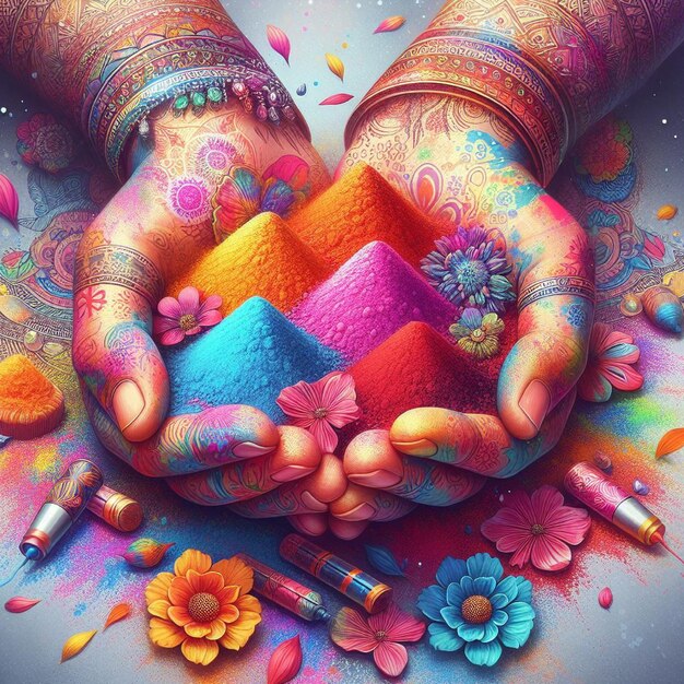 Realistyczna ilustracja uroczystości Holi z rękami pełnymi kolorowych proszków