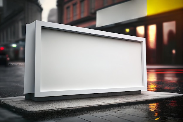 Realistyczna ilustracyjna makieta lekkiego pudełka reklamowego w mieście w deszczowy wieczór generatywnej sztucznej inteligencji