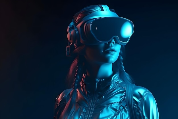 Realistyczna kobieca postać 3d z futurystycznymi okularami VR i zestawem słuchawkowym do kopiowania miejsca koncepcja metaverse technologia gra wideo i wirtualna rzeczywistość renderowanie 3d Generative Ai