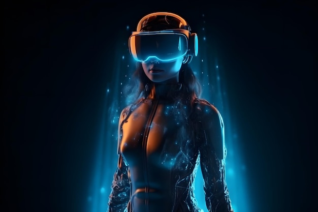 Realistyczna kobieca postać 3d z futurystycznymi okularami VR i zestawem słuchawkowym do kopiowania miejsca koncepcja metaverse technologia gra wideo i wirtualna rzeczywistość renderowanie 3d Generative Ai