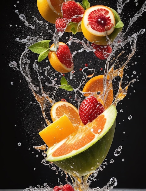 Realistyczna kompozycja rozprysku soku owocowego z owocami na pustym czarnym tle