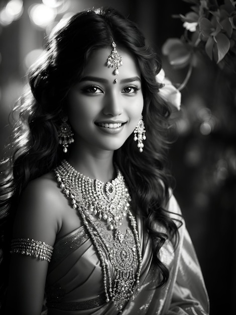 Realistyczna, ładna młoda indyjska kobieta lub dziewczyna w złotych ozdobach patrząca w kamerę