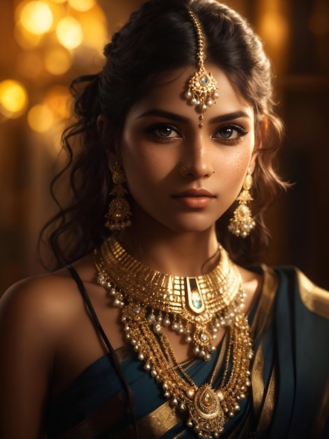 Realistyczna, ładna młoda indyjska kobieta lub dziewczyna w złotych ozdobach patrząca w kamerę