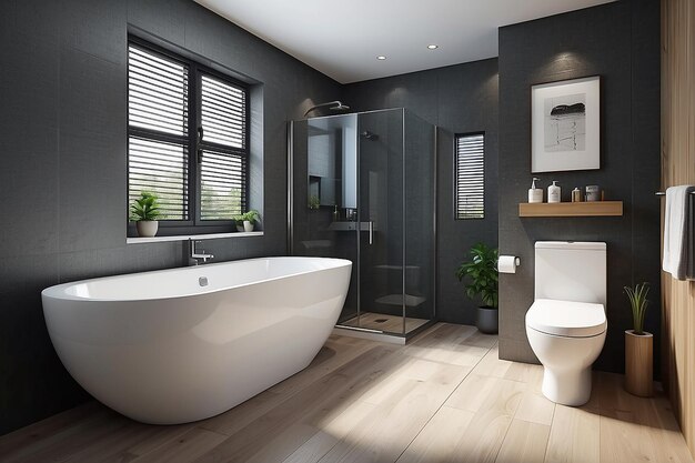 Realistyczna łazienka z kąpielą i toaletą w nowoczesnym domu