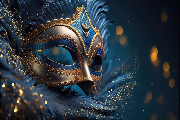 Realistyczna luksusowa maska karnawałowa z niebieskimi piórami Streszczenie niewyraźne tło złoty pył i efekty świetlne Ai generowane
