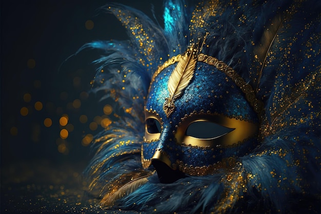 Realistyczna Luksusowa Maska Karnawałowa Z Niebieskimi Piórami Streszczenie Niewyraźne Tło Złoty Pył I Efekty świetlne Ai Generowane