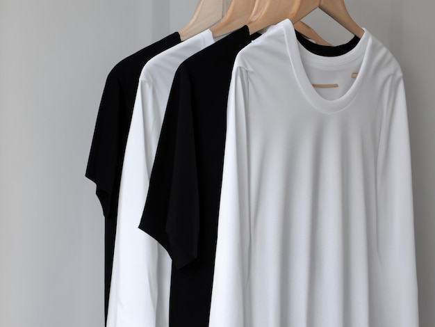Realistyczna makieta koszulki Pusta czarno-biała koszulka na wieszaku Projekt makiety koszulki