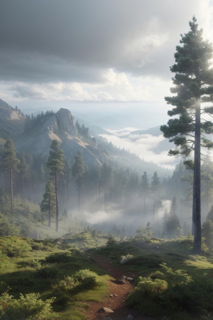 Realistyczna mglista góra z sosnowym lasem