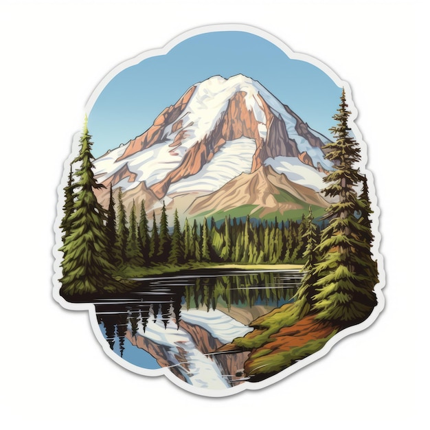 Realistyczna naklejka Mount Rainier Szczegółowa ilustracja góry i jeziora