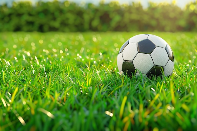 Realistyczna piłka nożna na świecącym słońcem zielonym trawiastym boisku 3D