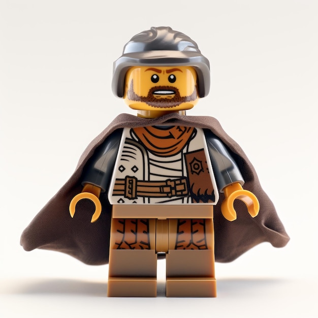 Realistyczna postać Lego w skórzanej kurtce i brązowej pelerynie