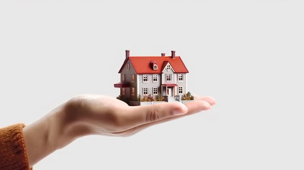 realistyczna ręka prezentująca model 3d domu do kampanii kredytów mieszkaniowych generowanych za pomocą ai