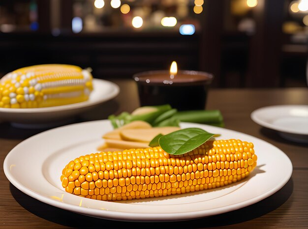 Realistyczna restauracja o tematyce kukurydzy z przytulną, bardzo szczegółową atmosferą, ciepłym oświetleniem, neutralną paletą kolorów i bez ludzi w zasięgu wzroku