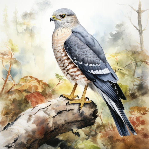 Realistyczne Akwarela Hawk Siedzący Na Gałęzi Tradycyjny Styl Malarstwa Olejnego