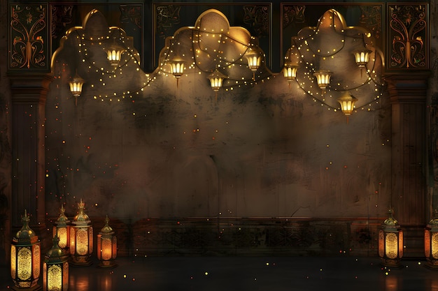 Realistyczne islamskie tło Nowego Roku z latarniami i pałacem
