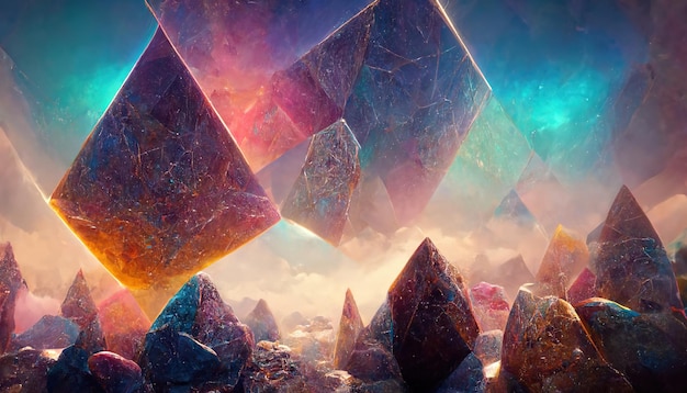 Realistyczne kolorowe świecące magiczne kryształy abstrakcyjne tło Luksusowa tapeta 3D ilustracja