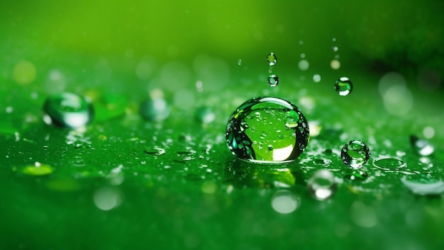 Realistyczne kropelki wody na zielonej tapecie projektowej wygenerowanej przez sztuczną inteligencję