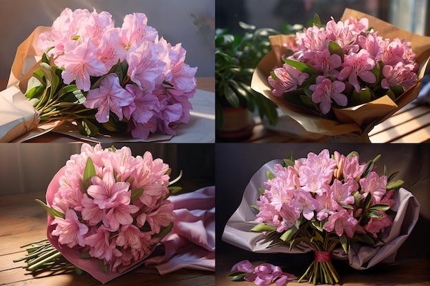 Realistyczne kwiaty rododendronów w bukiecie w opakowaniu